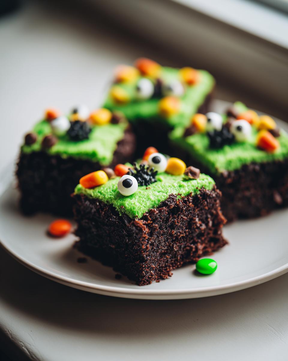 Four squares of dark chocolate Halloween Monster Brownies topped with bright green frosting, candy eyeballs, and candy corn.