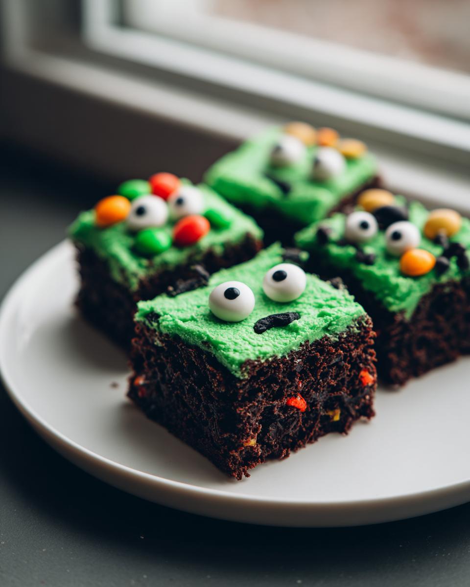 Four rich chocolate Halloween Monster Brownies topped with bright green frosting and candy eyeballs.