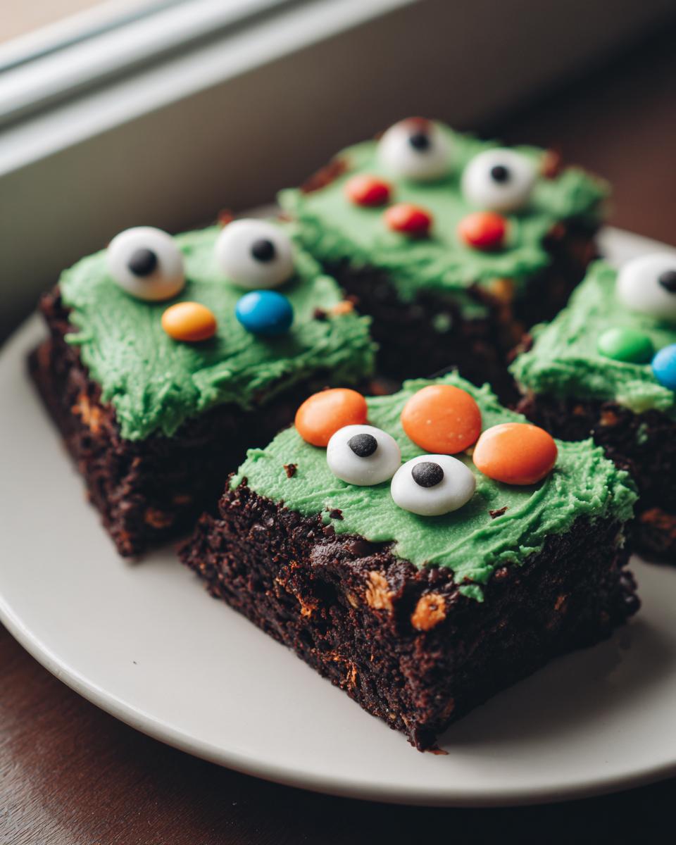 Four rich, square Halloween Monster Brownies topped with bright green frosting, candy eyeballs, and colorful candies.