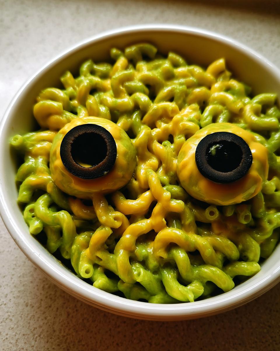 A bowl of green and yellow Halloween Monster Mac And Cheese decorated with two large olive eyes.