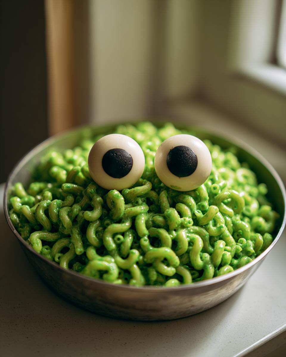 A bowl of bright green Halloween Monster Mac And Cheese topped with two large, edible googly eyes.