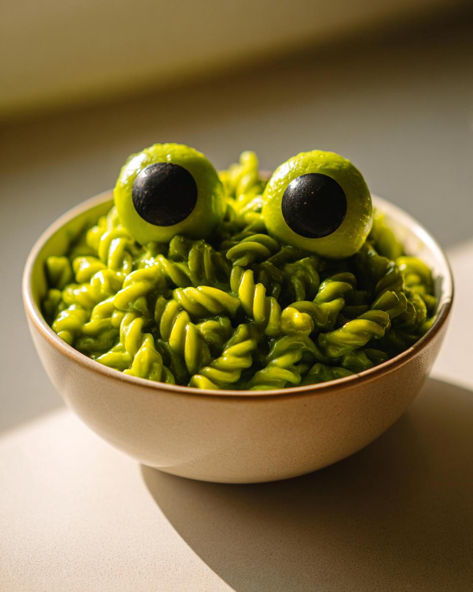 A bowl of bright green Halloween Monster Mac And Cheese topped with two large, spooky edible eyeballs.