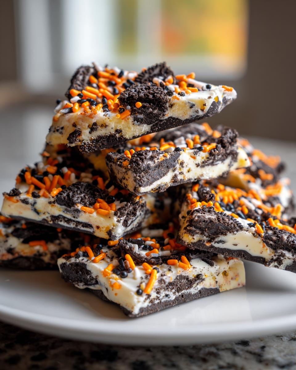 A stack of square pieces of Halloween Oreo Bark featuring white chocolate, crushed dark cookies, and orange and black sprinkles.