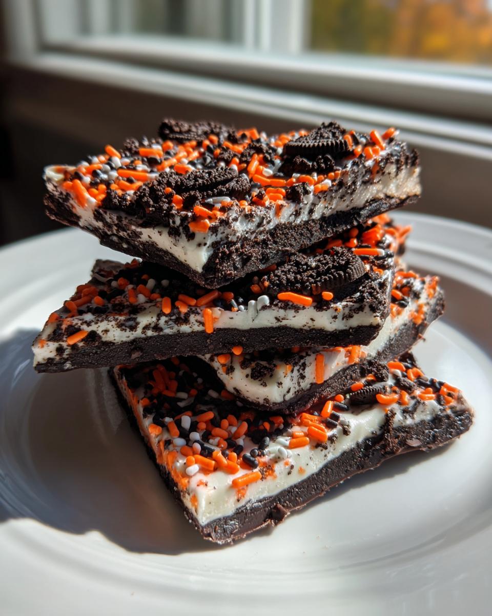 Four stacked squares of rich Halloween Oreo Bark featuring dark chocolate, white topping, and orange/black sprinkles.