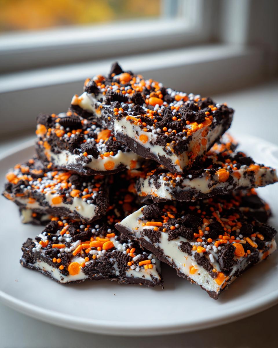 A stack of rich, dark, and white chocolate Halloween Oreo Bark pieces topped with orange and white sprinkles.