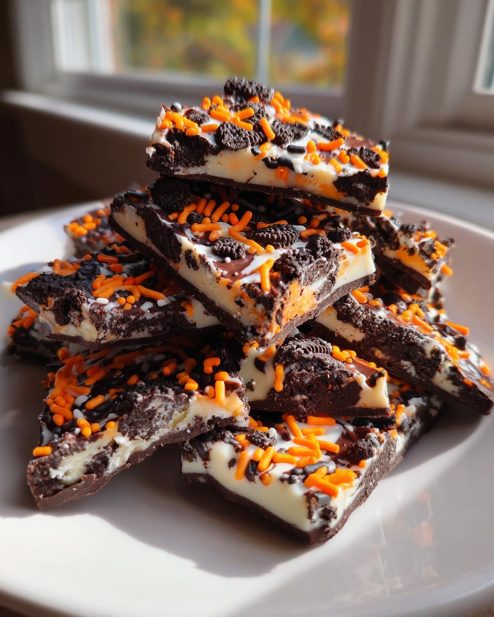 A stack of square pieces of Halloween Oreo Bark featuring white chocolate, dark chocolate, crushed Oreos, and orange and black sprinkles.