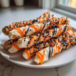 A stack of pretzel rods decorated as Halloween Pretzels with white chocolate, orange drizzle, and black/orange sprinkles.