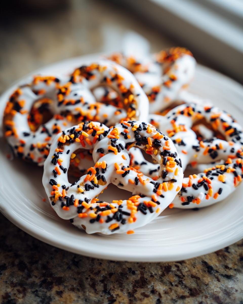 Close-up of white chocolate Halloween Pretzels covered in orange and black sprinkles on a white plate.