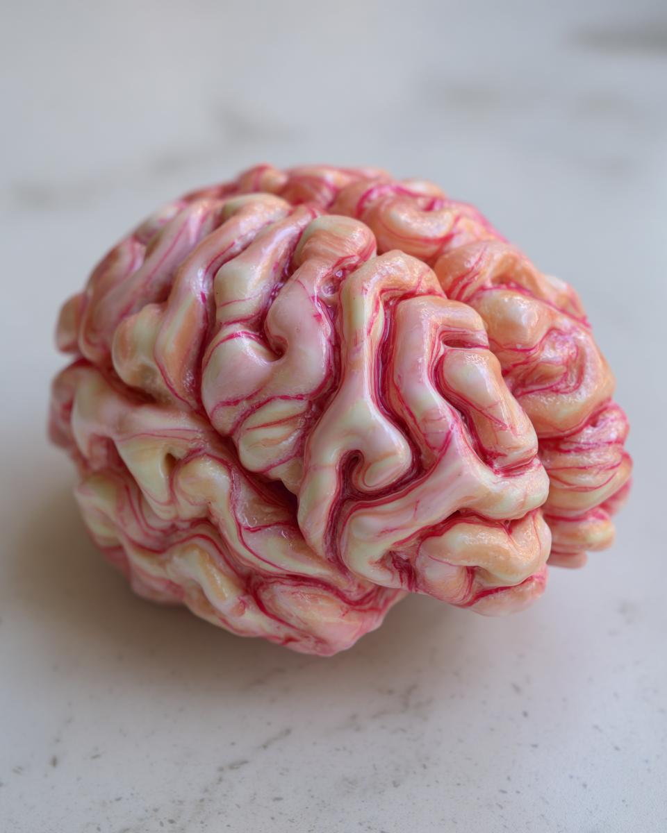 A close-up of a gruesome, realistic-looking Halloween Rice Krispie Brains treat with pink and red marbling.