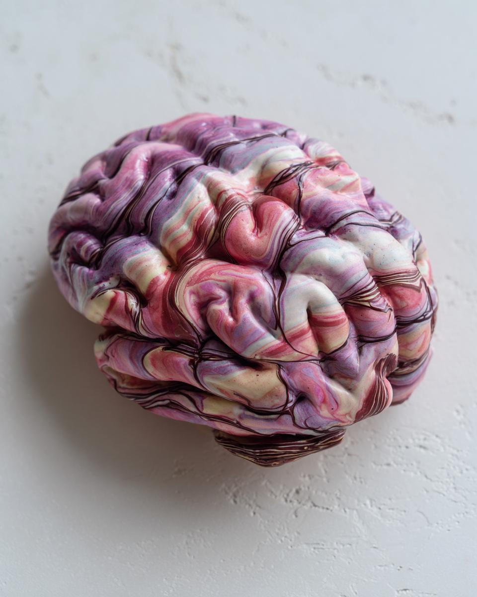 A realistic, marbled pink, purple, and white Halloween Rice Krispie Brains treat resting on a light textured surface.