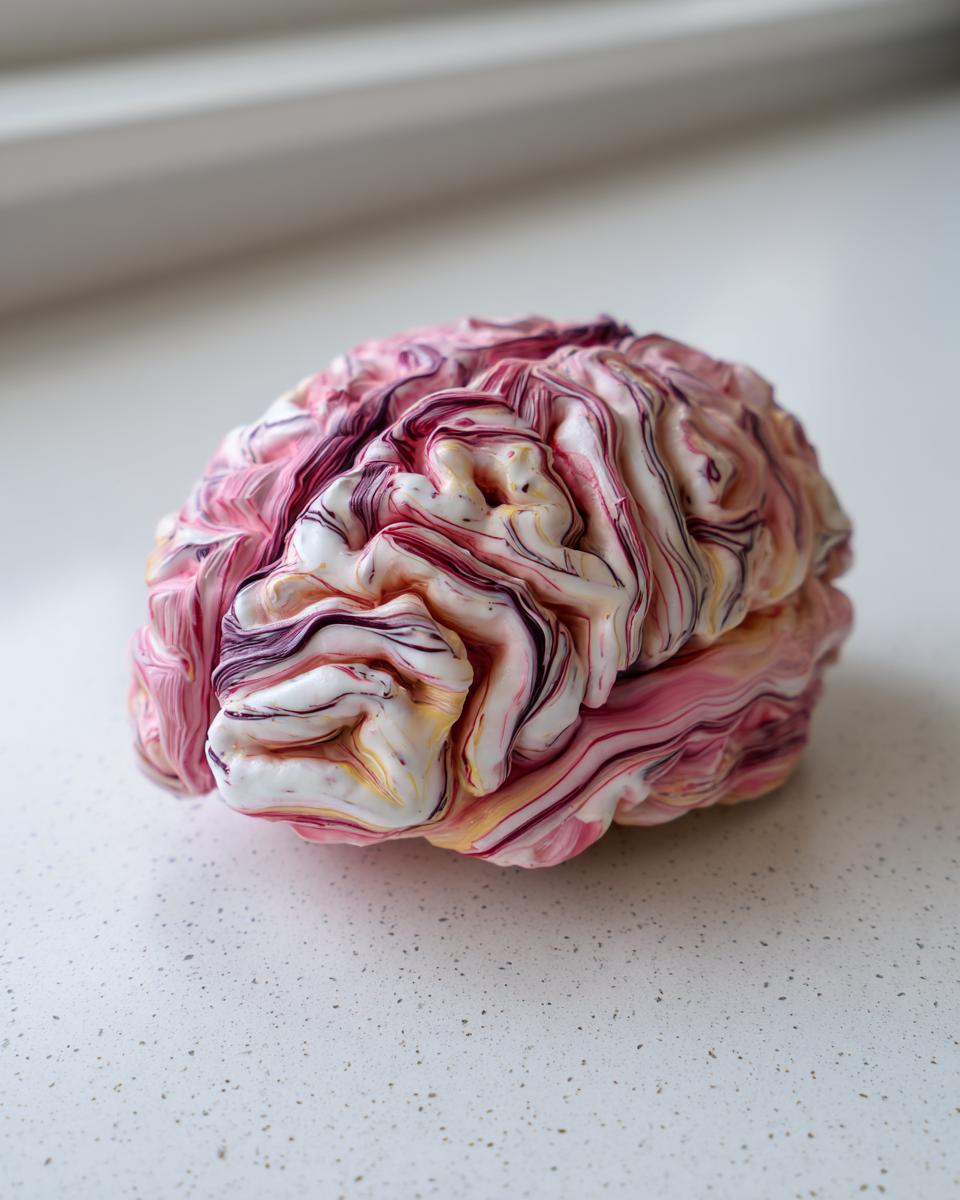 A realistic, marbled pink and white Halloween Rice Krispie Brains treat sitting on a light countertop.