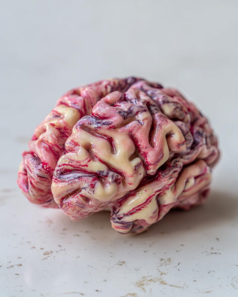 A gruesome, realistic-looking Halloween Rice Krispie Brains treat with pink, white, and purple marbling sitting on a light surface.