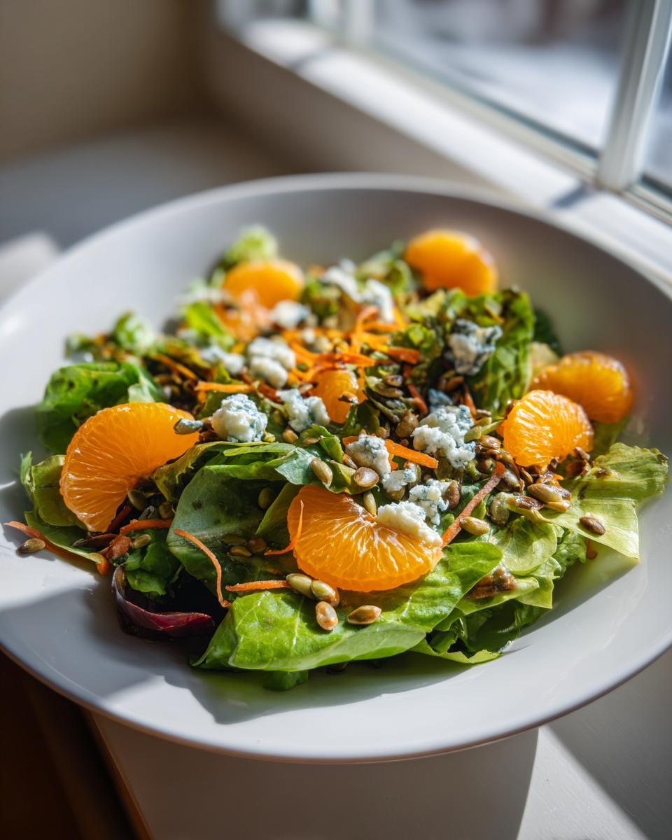 A close-up of a vibrant Halloween Salad featuring bright green lettuce, orange mandarin segments, blue cheese crumbles, and pumpkin seeds.