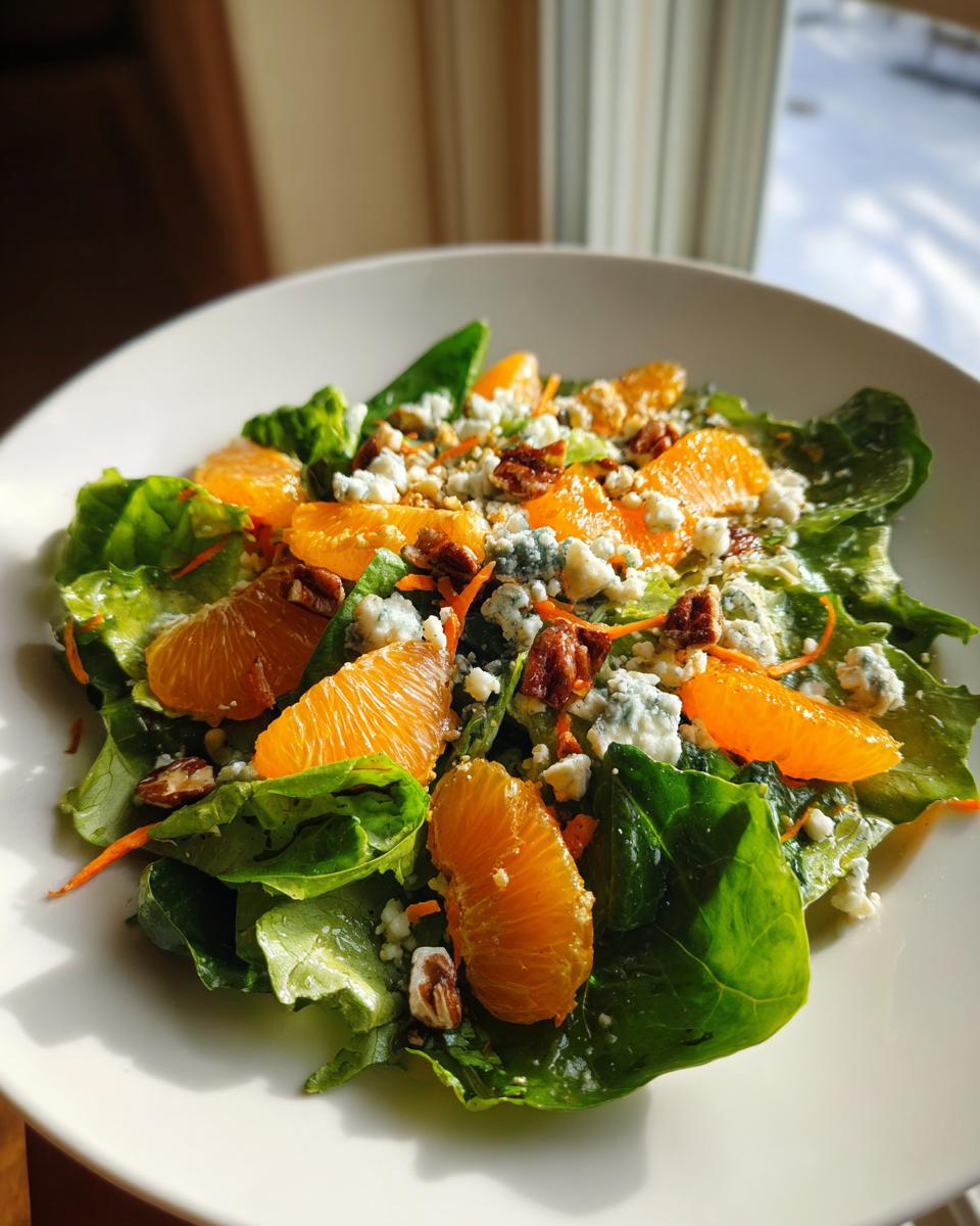 A vibrant Halloween Salad featuring bright orange segments, blue cheese crumbles, and pecans over green lettuce.