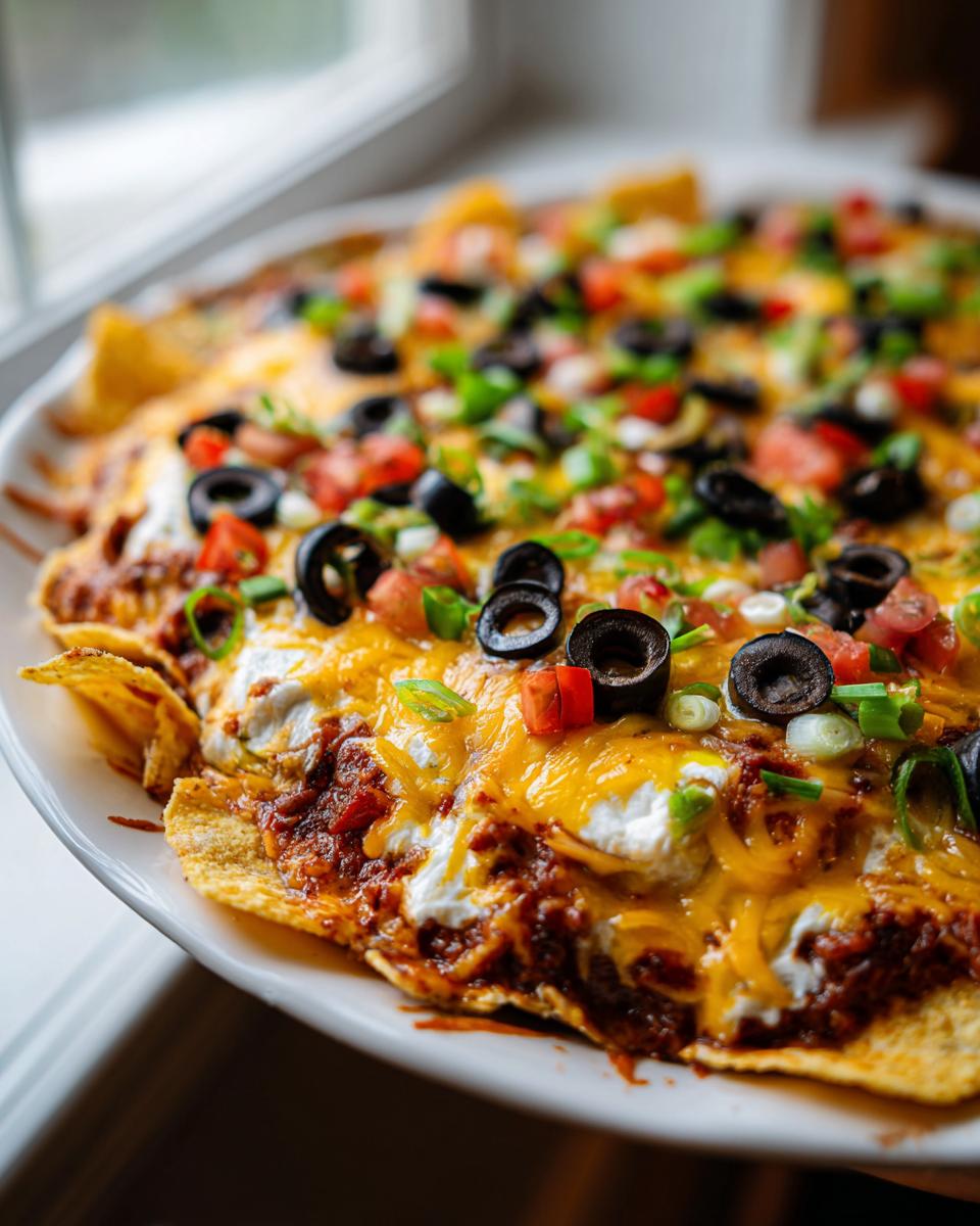 A close-up view of a fully loaded Halloween Taco Dip featuring melted cheese, sour cream, black olives, and green onions over tortilla chips.