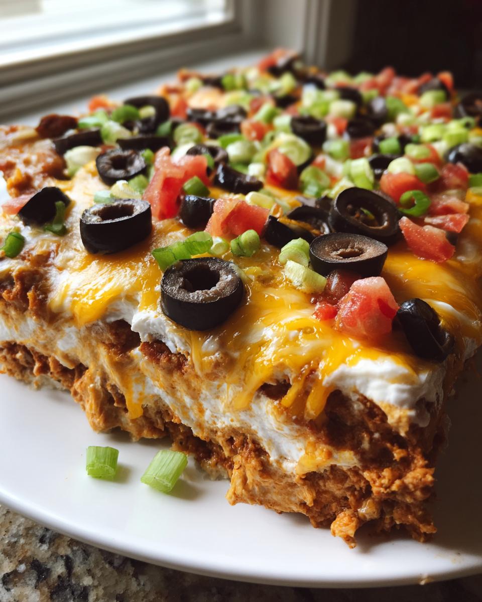 A close-up view of a thick slice of Halloween Taco Dip showing layers of meat, cream cheese, melted cheddar, olives, and green onions.