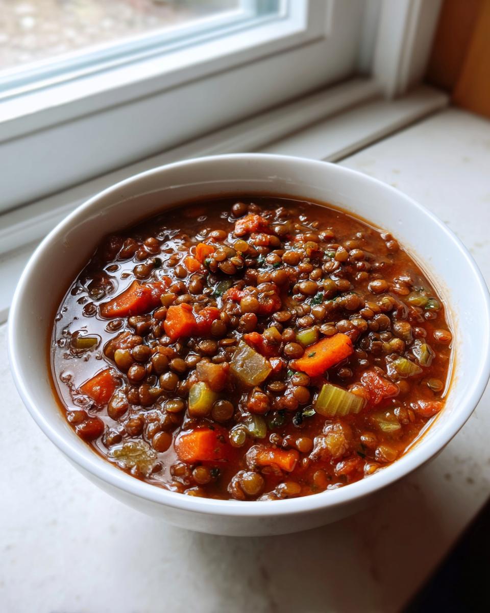 A close-up of a white bowl filled with rich, thick Lentil Stew featuring brown lentils, carrots, and celery.