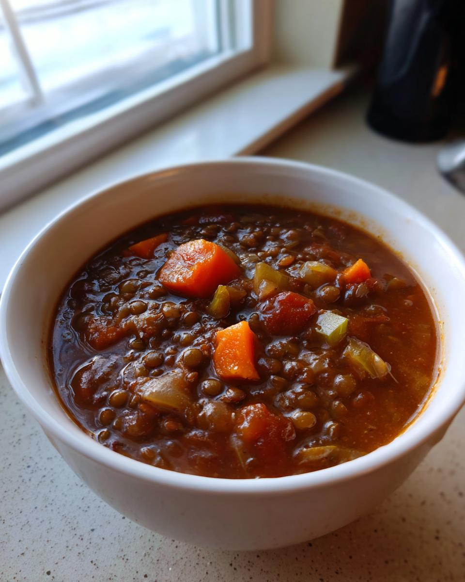 Close-up of a white bowl filled with rich, dark brown Lentil Stew featuring visible chunks of carrots and celery.