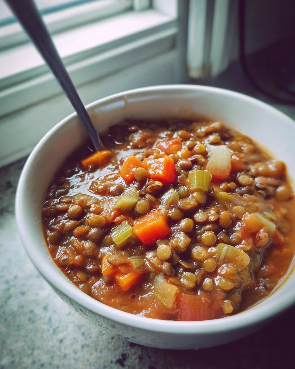 Close-up of a white bowl filled with thick, savory Lentil Stew featuring visible chunks of carrots and celery.