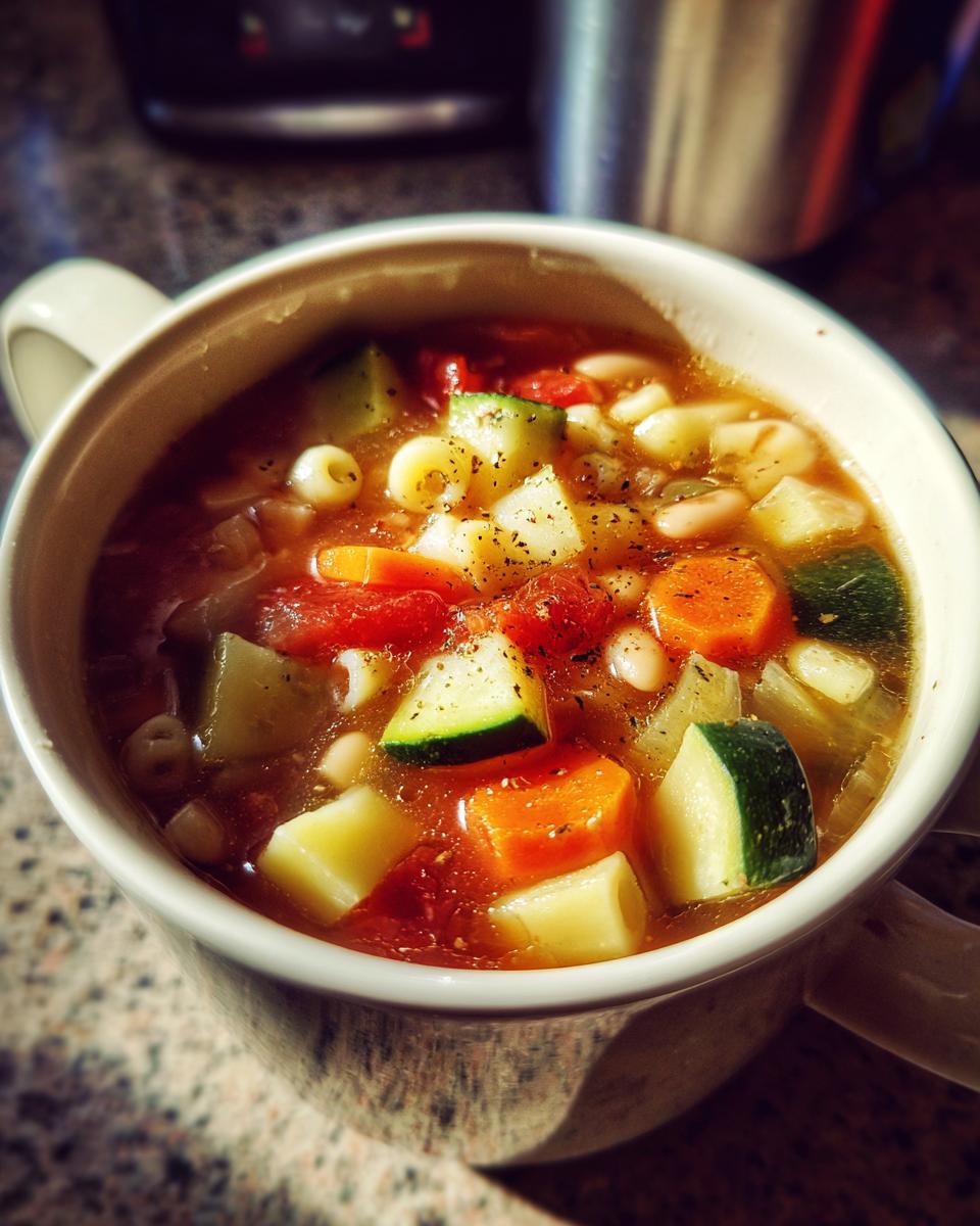 Close-up of a mug filled with chunky Minestrone Soup featuring carrots, zucchini, beans, and pasta, seasoned with pepper.