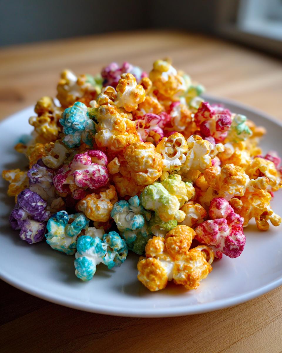 A close-up of vibrant, multi-colored Hocus Pocus Popcorn piled high on a white plate.