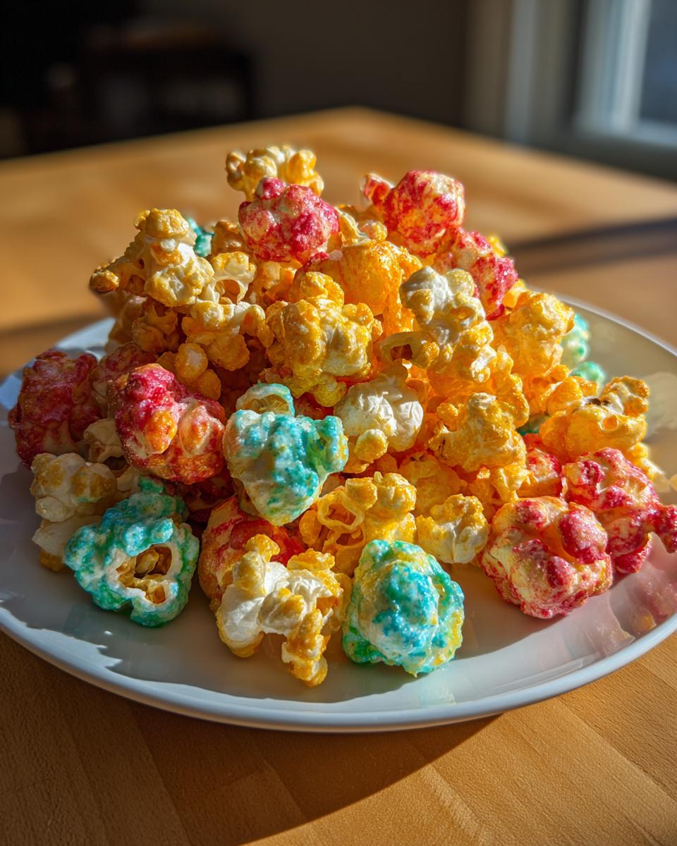 A mound of brightly colored Hocus Pocus Popcorn in red, yellow, and blue hues piled high on a white plate.