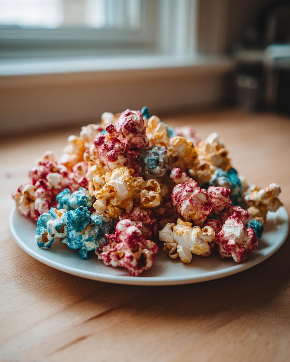 A mound of brightly colored Hocus Pocus Popcorn in red, yellow, and blue hues piled on a white plate.
