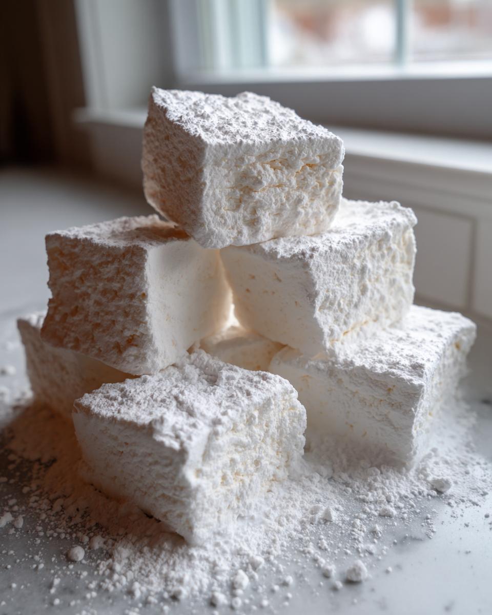A stack of fluffy, homemade Stay Puft Marshmallows heavily dusted with white powdered sugar on a marble surface.