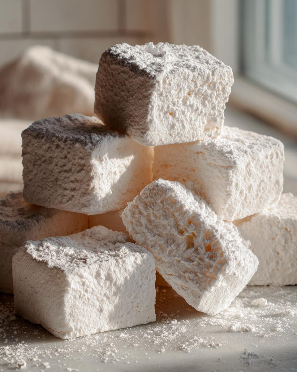 A close-up stack of large, homemade Stay Puft Marshmallows heavily dusted with powdered sugar.