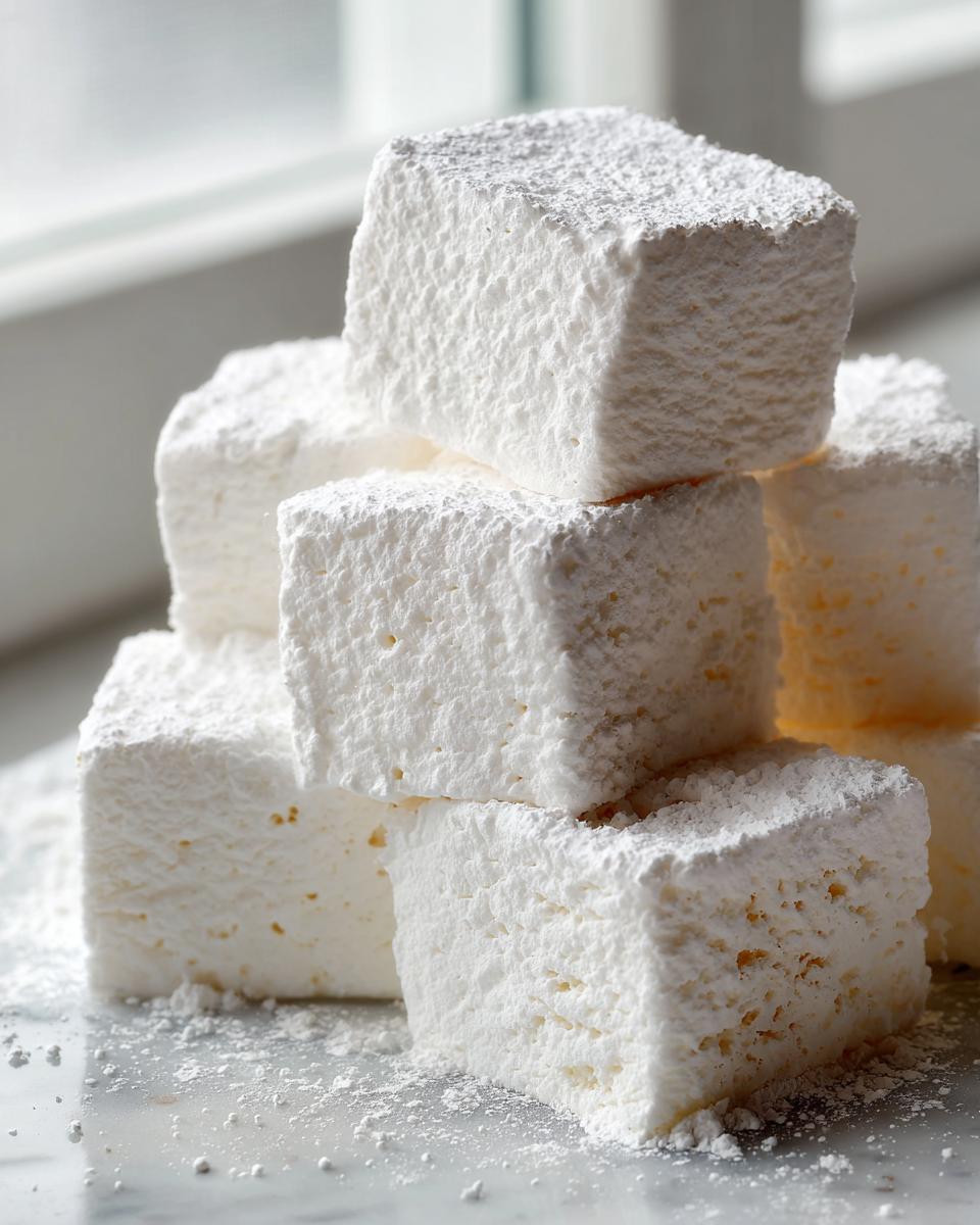 A stack of fluffy, square homemade Stay Puft Marshmallows dusted heavily with powdered sugar.