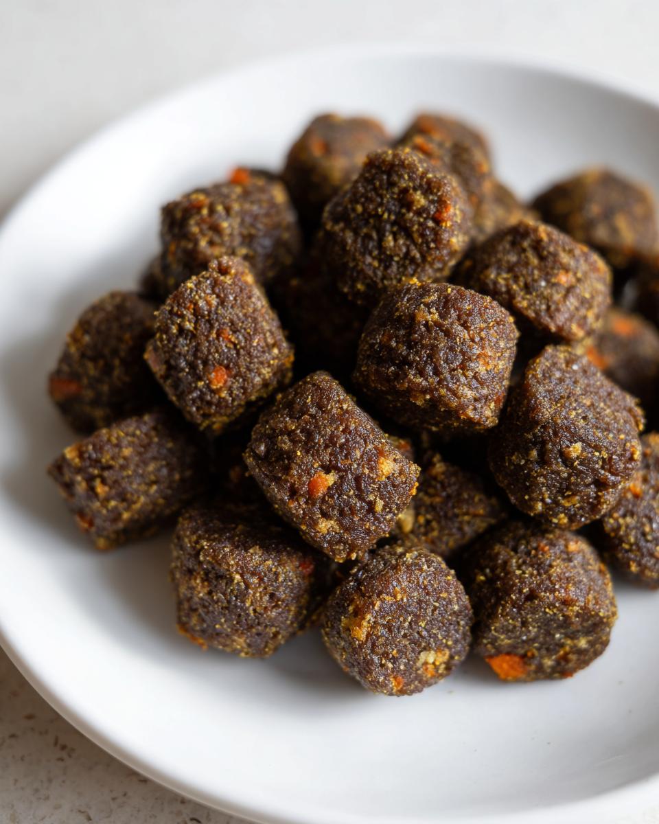 Close-up of dark brown, textured, bite-sized pieces of homemade Werewolf Kibble piled on a white plate.