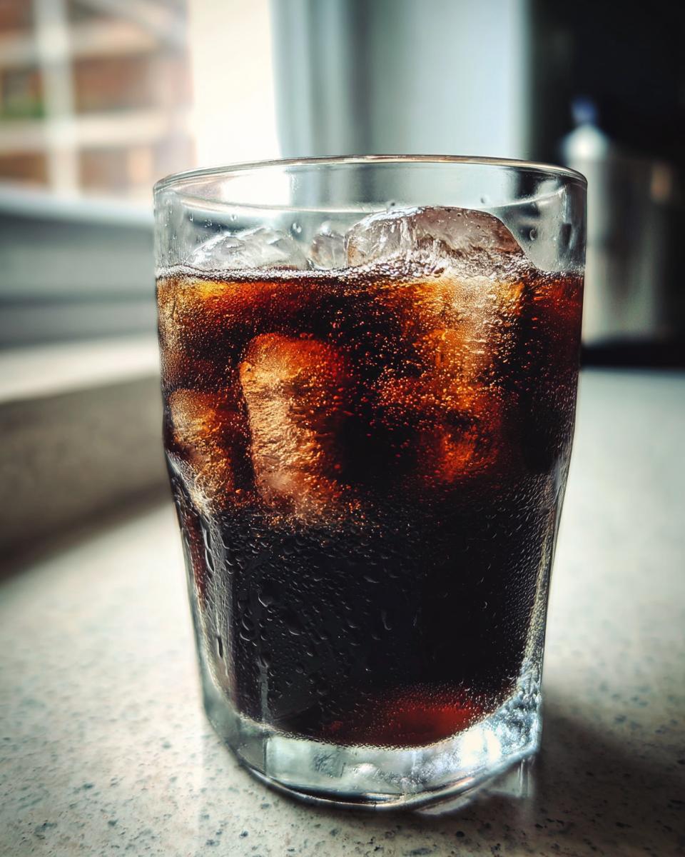 Close-up of a sweating glass filled with dark, bubbly Black Lemonade and ice cubes.