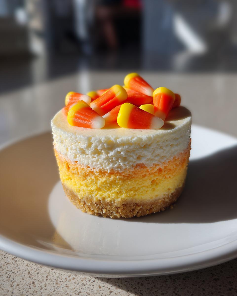 A single, layered Candy Corn Cheesecakes dessert topped with real candy corn pieces, sitting on a white plate.