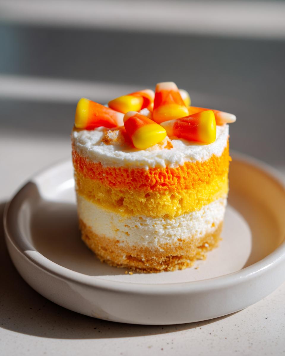 A single-serving Candy Corn Cheesecakes dessert with orange, yellow, and white layers, topped with candy corn