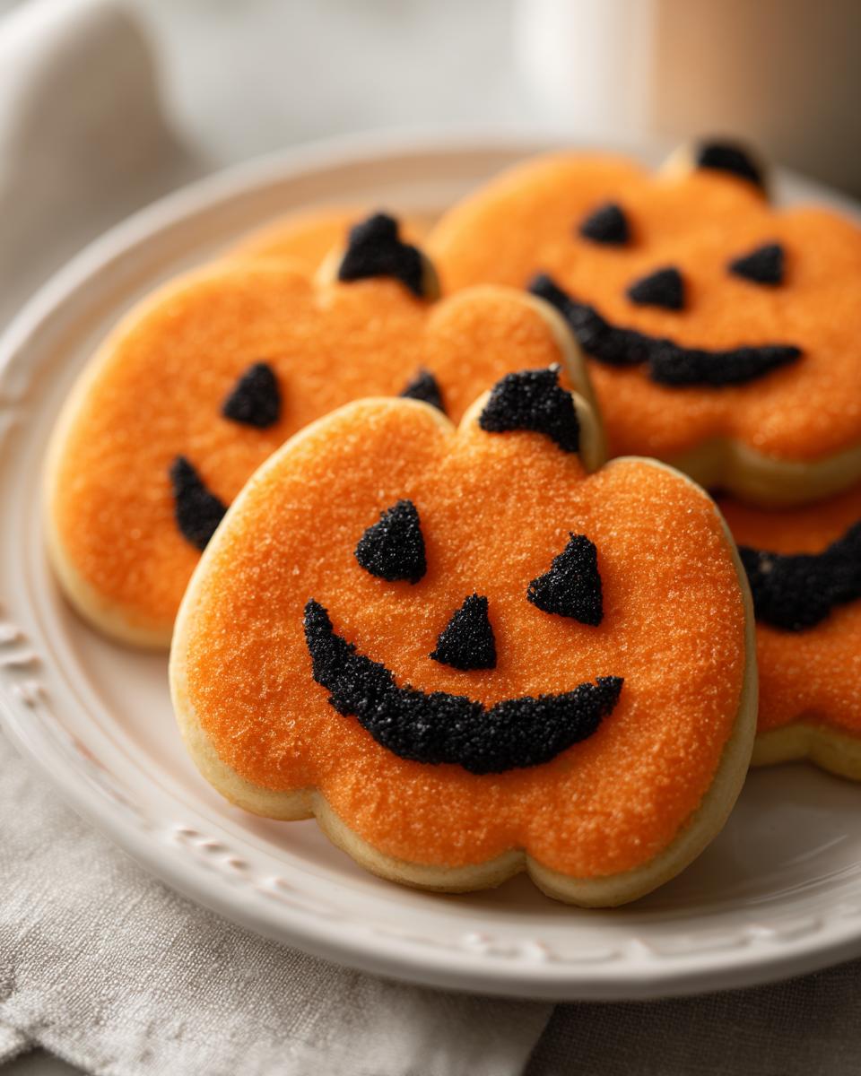 Close-up of several orange sugar Jack O Lantern Cookies decorated with black sanding sugar faces, resting on a white plate.
