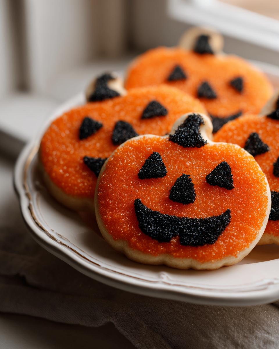 Several bright orange Jack O Lantern Cookies decorated with black sprinkles for faces, resting on a white plate.