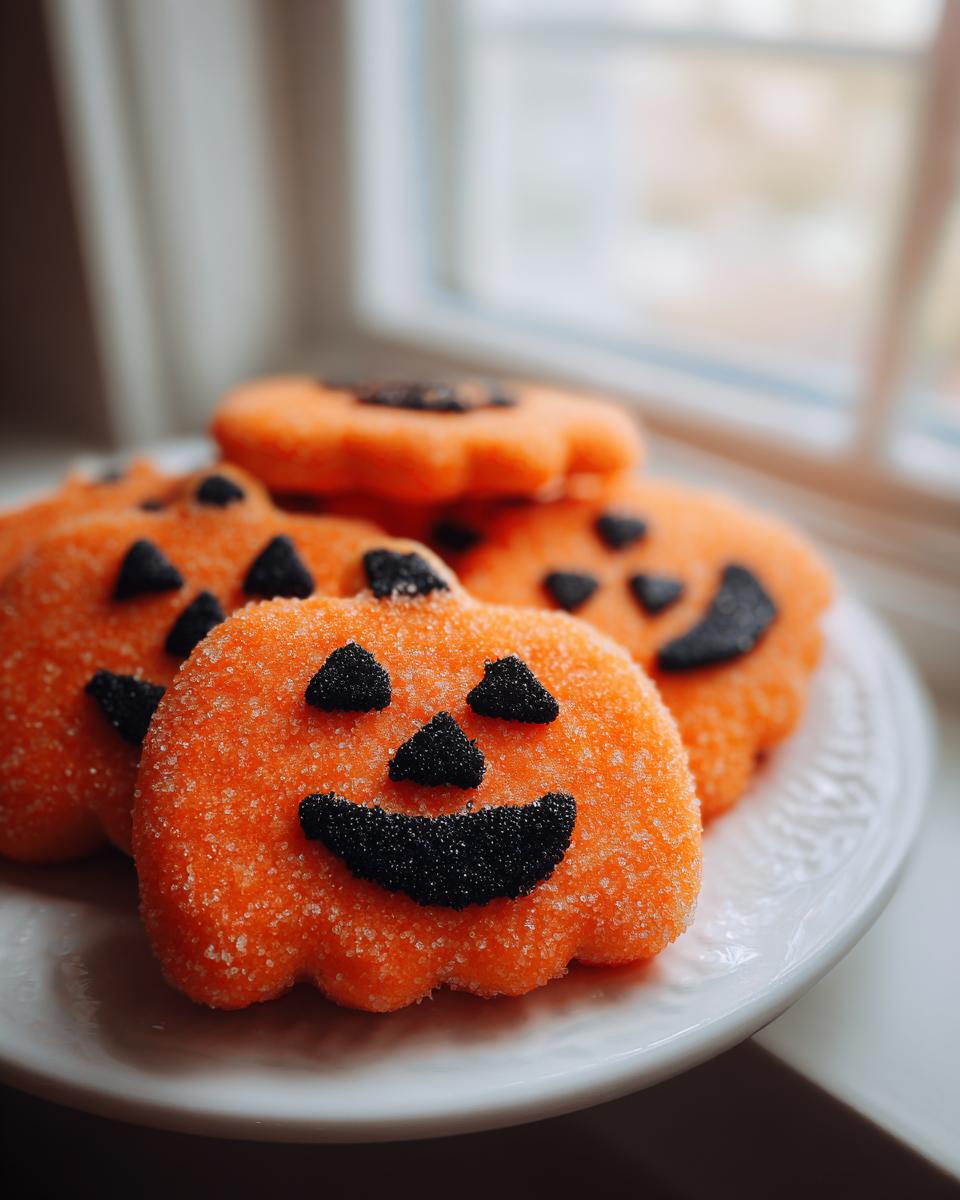 A stack of bright orange, sugar-coated Jack O Lantern Cookies with black sprinkle faces on a white plate.