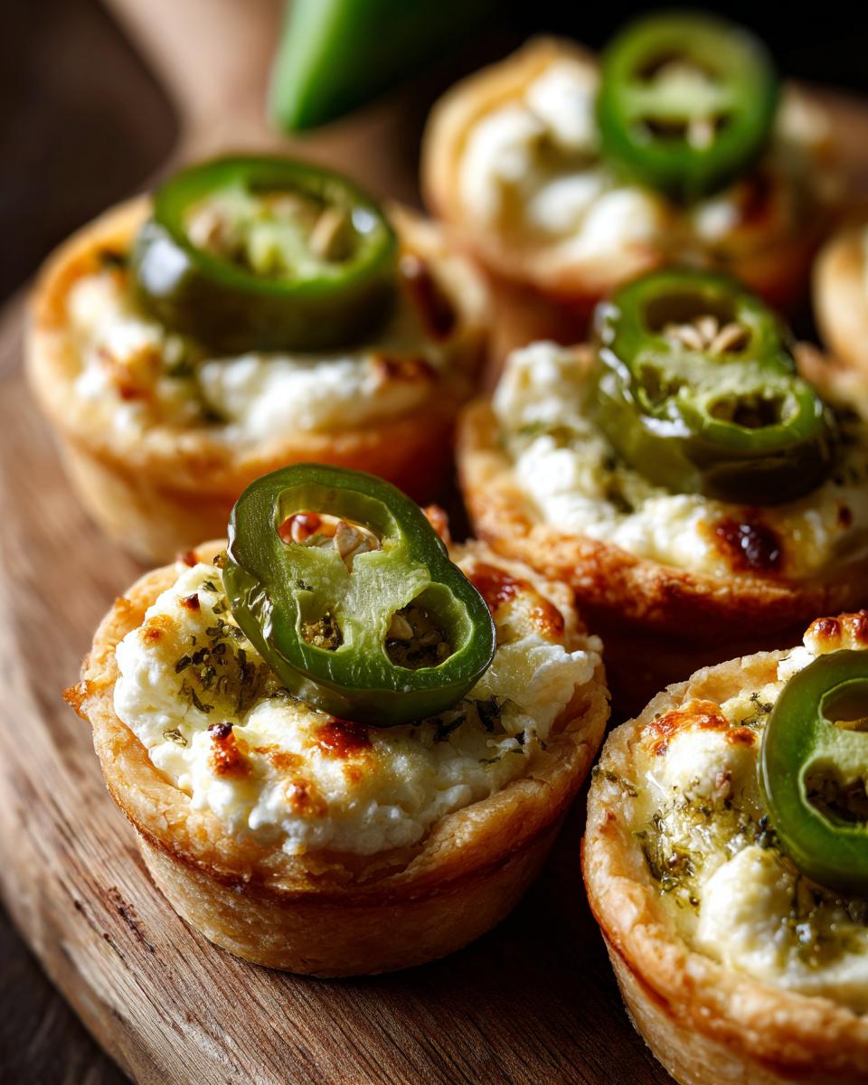 Close-up of baked Jalapeno Eyeball Tarts filled with cheese and topped with a slice of green jalapeno.