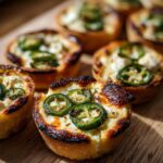 Close-up of several baked Jalapeno Eyeball Tarts with melted cheese and charred edges on a wooden surface.