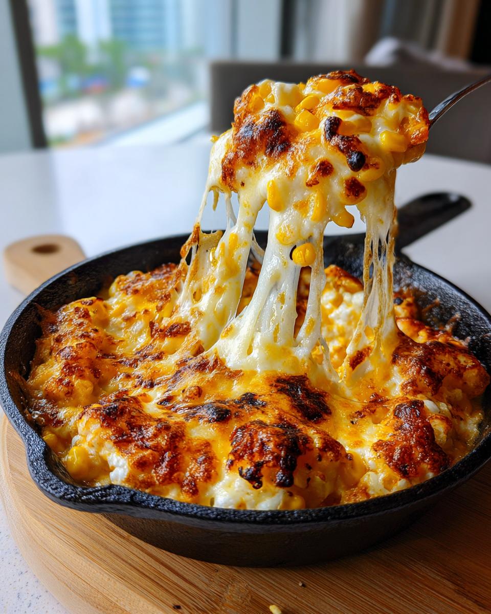 A spoonful of hot Korean Corn Cheese showing extreme cheese pull over a cast iron skillet.
