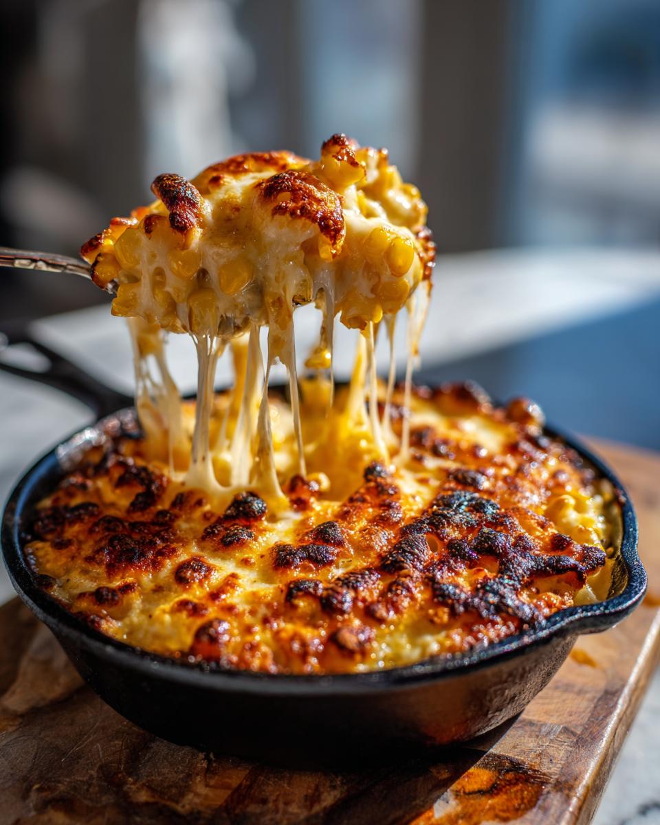A spoonful of hot Korean Corn Cheese is lifted from a cast-iron skillet, showing long, dramatic cheese pulls.