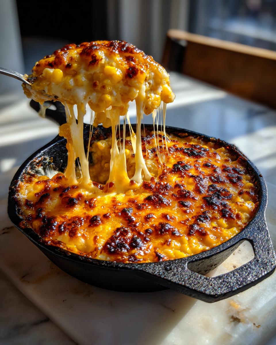 A spoonful of cheesy Korean Corn Cheese being lifted from a cast-iron skillet, showing long, melted cheese pulls.