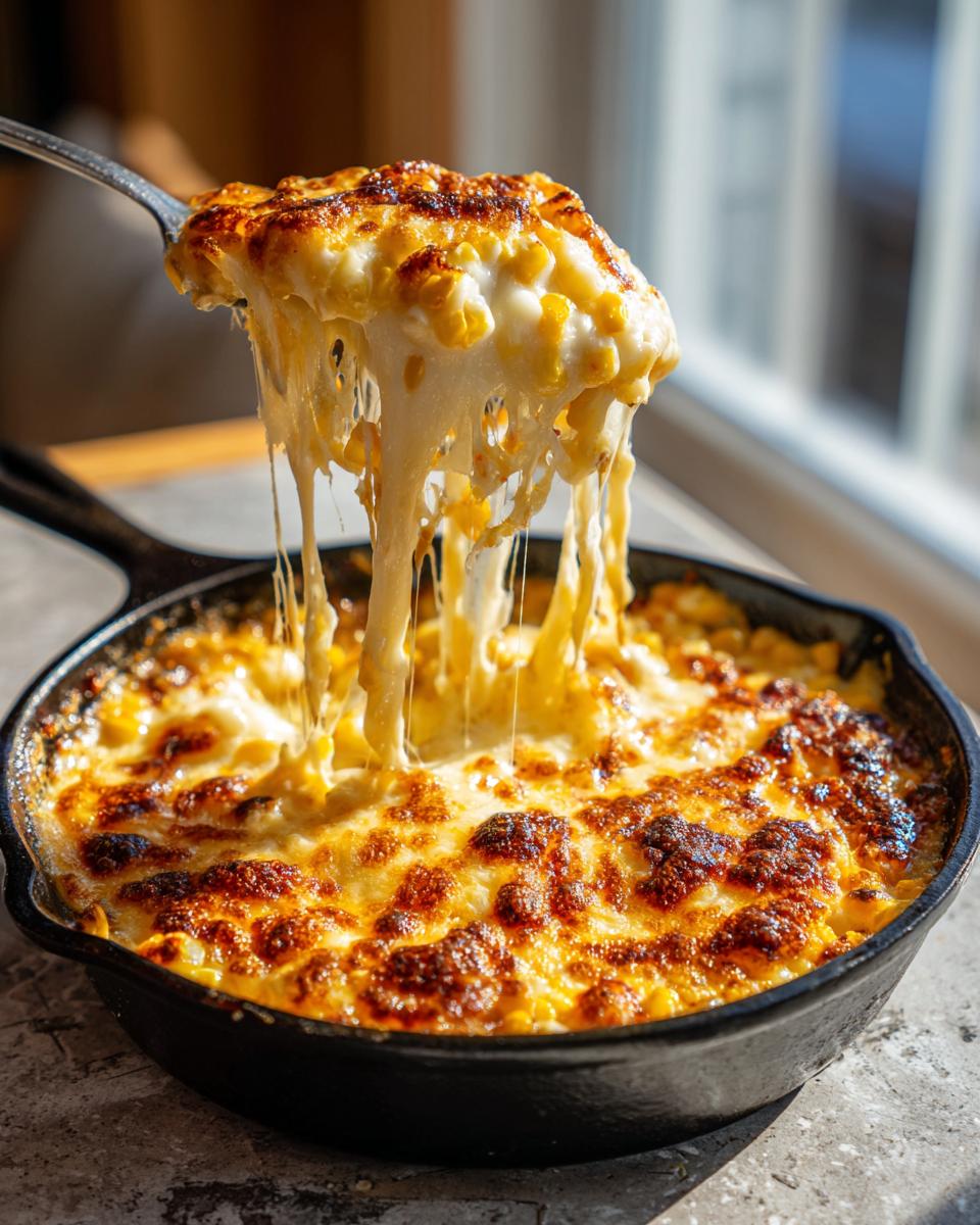 A spoonful of cheesy Korean Corn Cheese is lifted from a cast iron skillet, showing long, gooey cheese pulls.