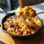 A spoonful of hot Korean Corn Cheese being lifted from a cast iron skillet, showing extreme, gooey cheese pulls.