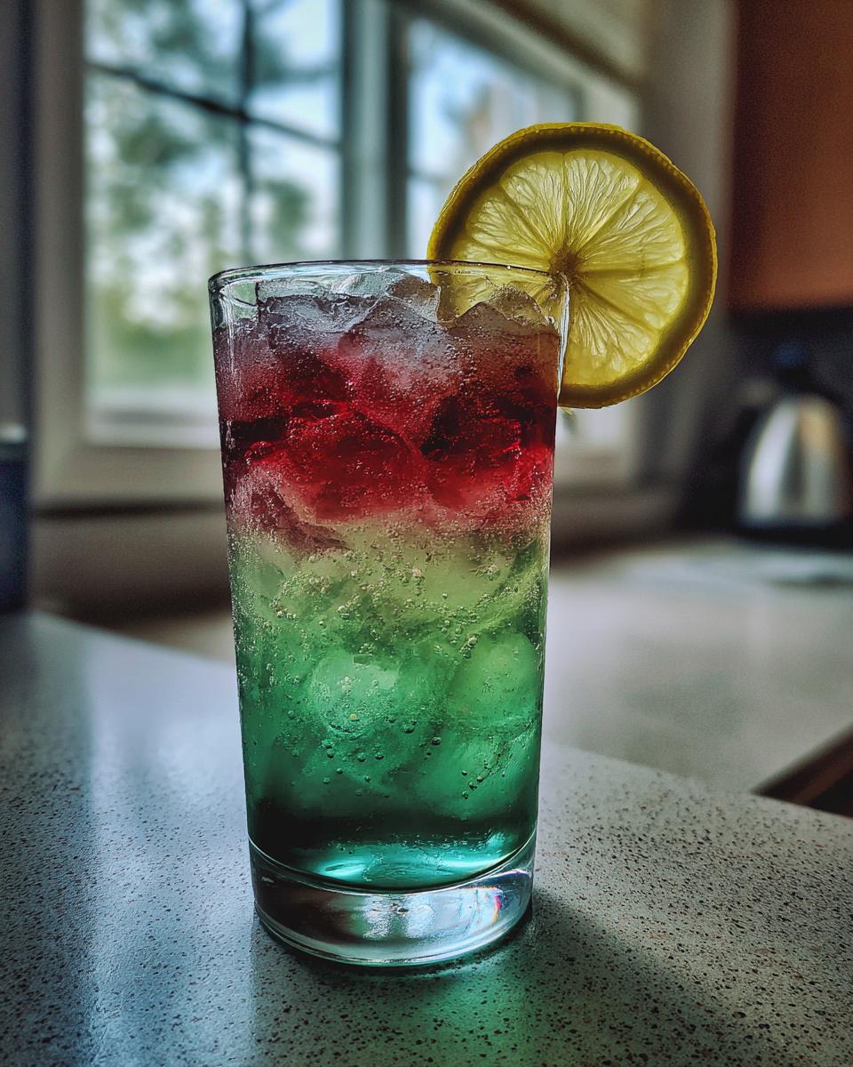 A tall glass filled with layered green and red Witch Brew Lemonade over ice, garnished with a lemon slice.