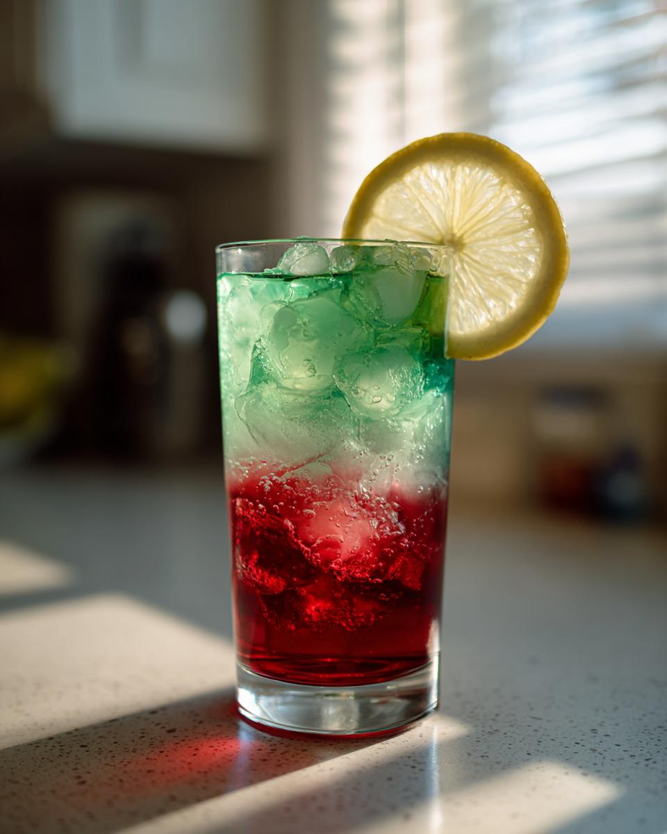 A tall glass filled with layered Witch Brew Lemonade, featuring red and green liquids over ice, garnished with a lemon slice.