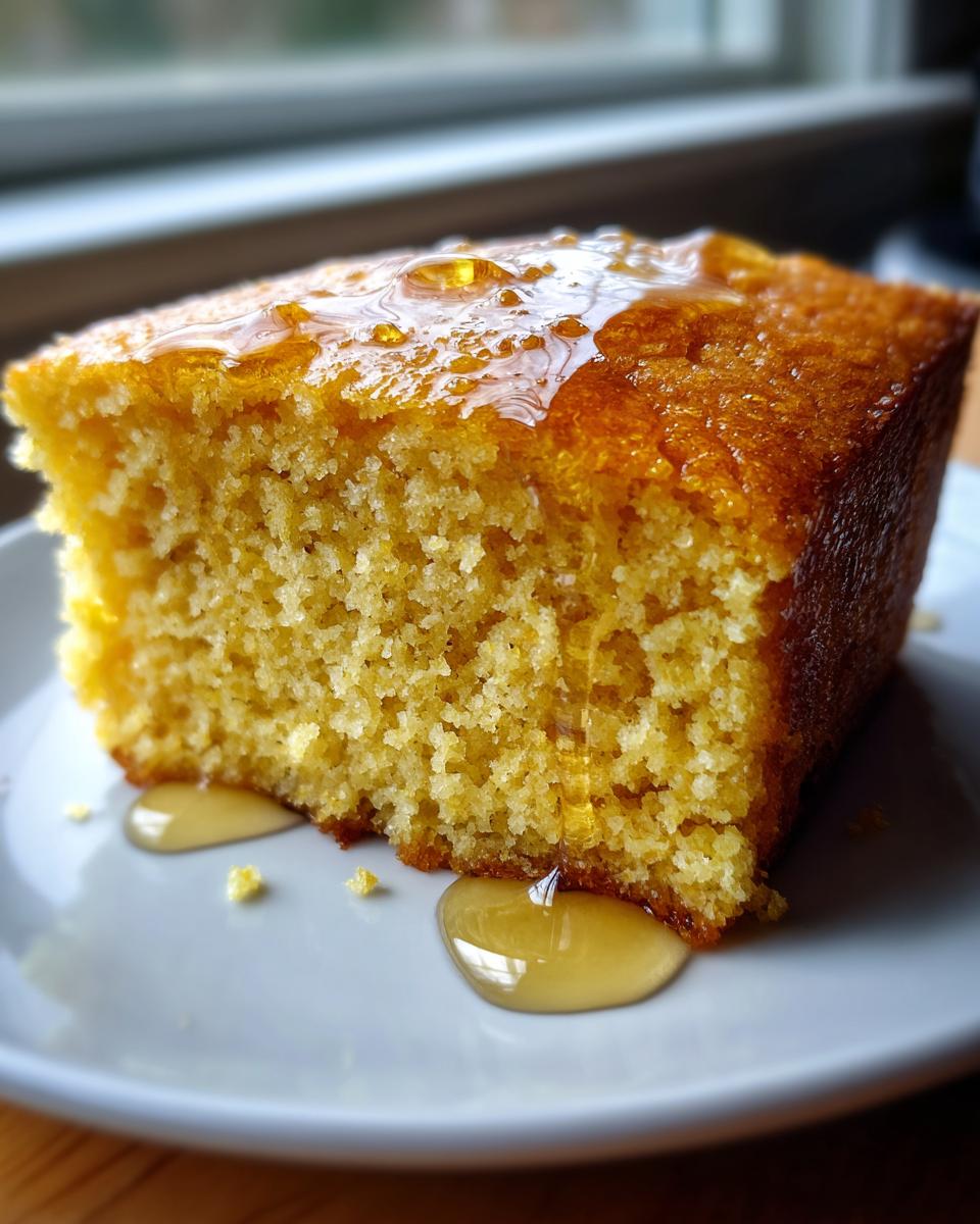 A close-up of a thick slice of moist Maple Cornbread, generously drizzled with golden syrup on a white plate.