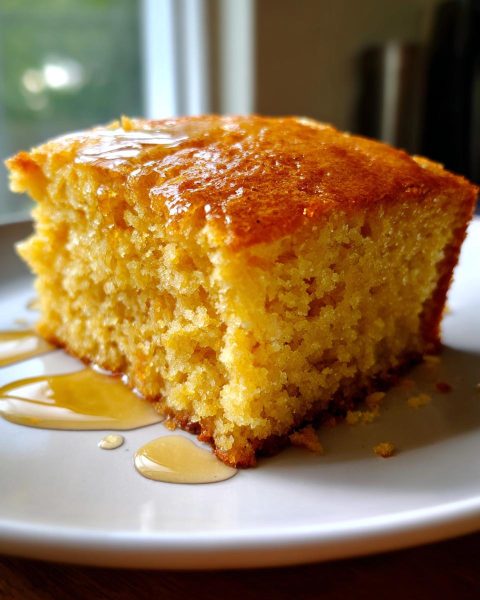 A close-up of a square slice of golden Maple Cornbread, glistening with syrup on a white plate.