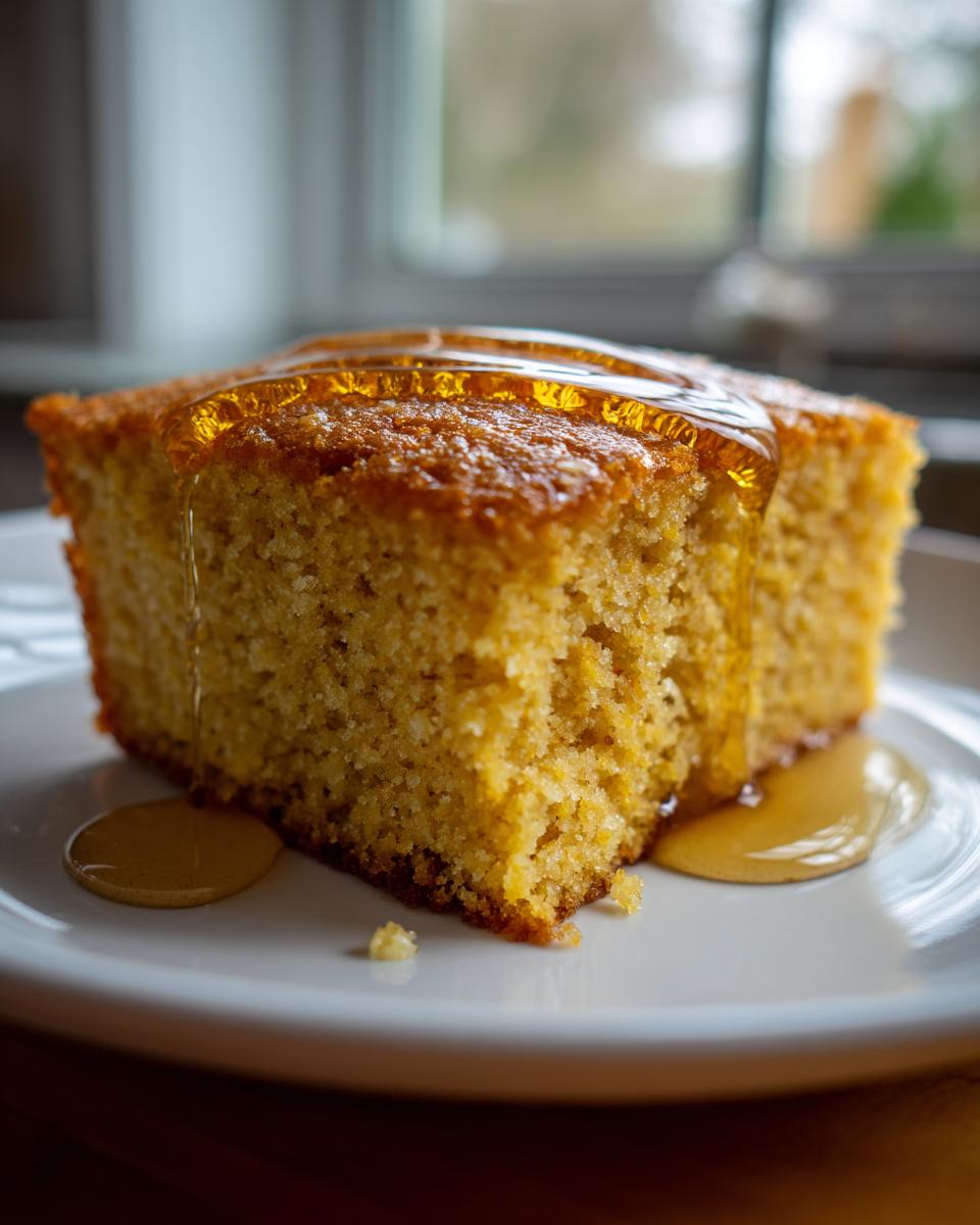 A close-up of a square slice of golden Maple Cornbread being generously drizzled with maple syrup on a white plate.
