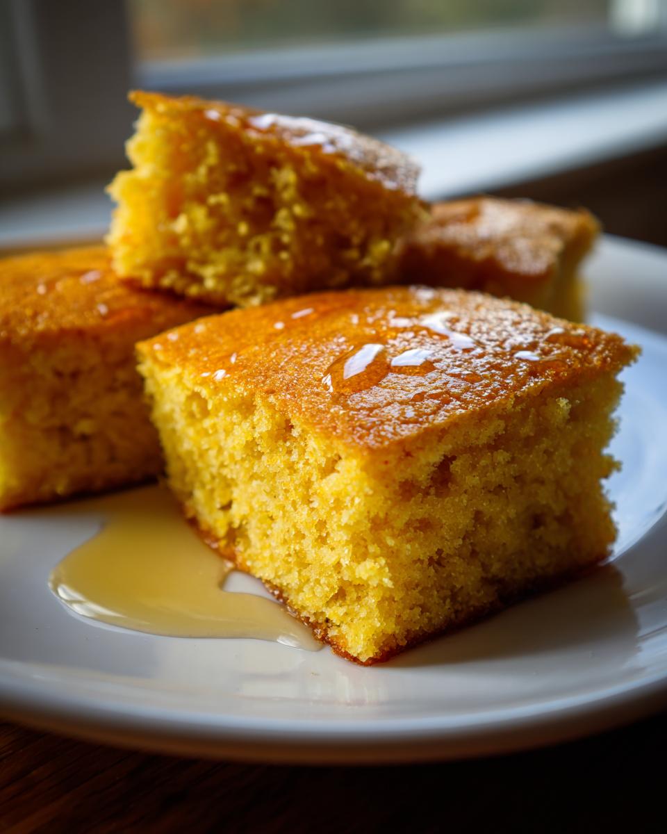 Close-up of moist Maple Cornbread squares served on a white plate with syrup drizzled on top.